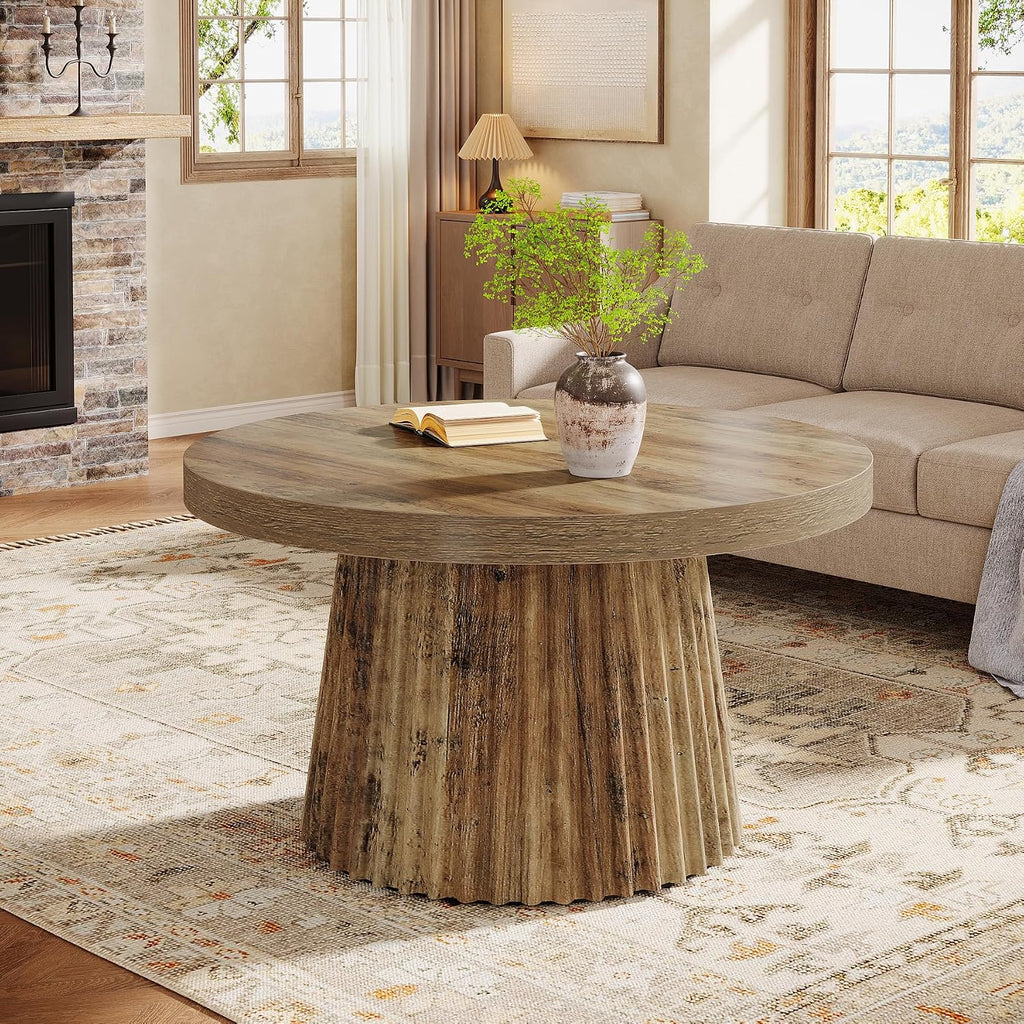 Tribesigns 31.5" Round Coffee Table, Modern Fluted Drum Coffee Tables for Living Room, Wood Farmhouse Boho Accent Pedestal Center Table for Apartment, Small Space, Brown