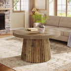 Tribesigns 31.5" Round Coffee Table, Modern Fluted Drum Coffee Tables for Living Room, Wood Farmhouse Boho Accent Pedestal Center Table for Apartment, Small Space, Brown