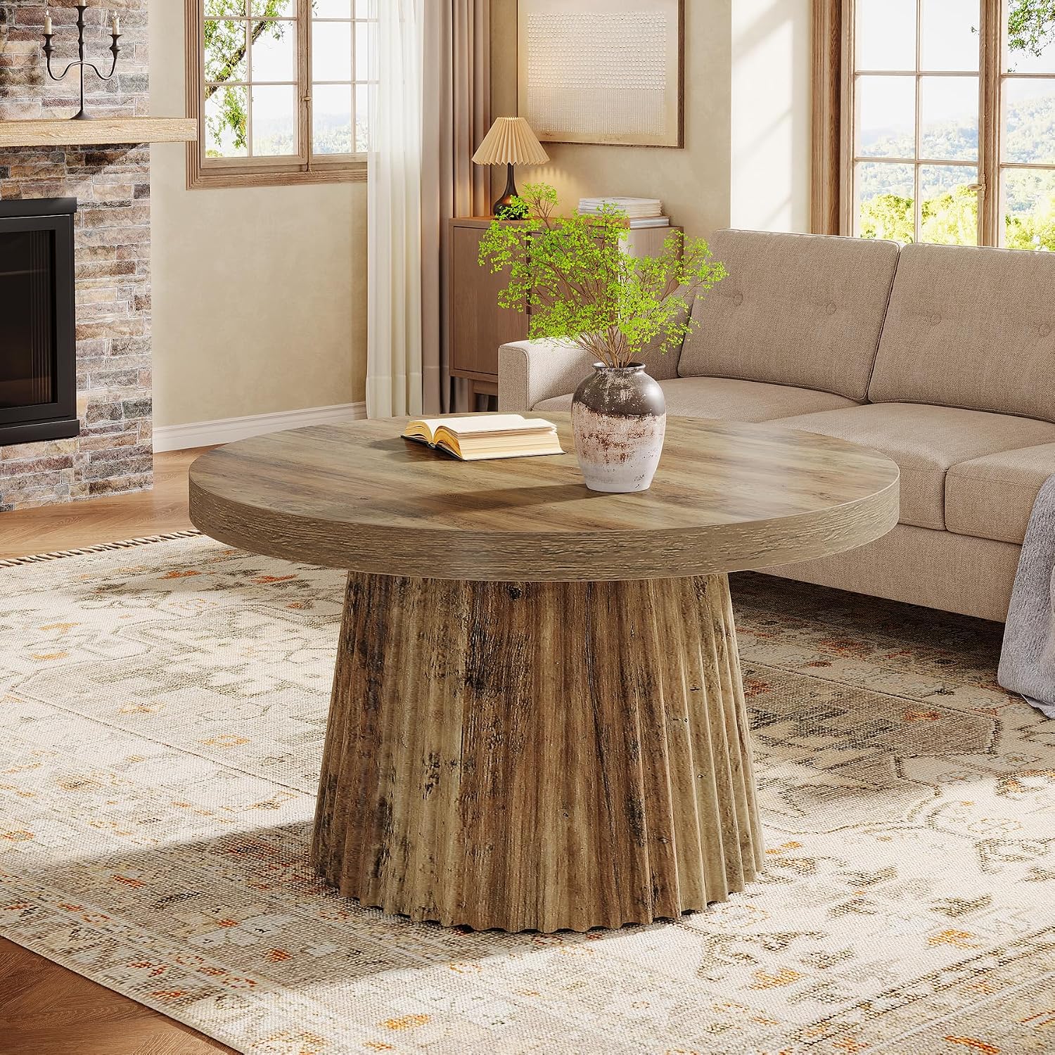 Tribesigns 31.5" Round Coffee Table, Modern Fluted Drum Coffee Tables for Living Room, Wood Farmhouse Boho Accent Pedestal Center Table for Apartment, Small Space, Brown