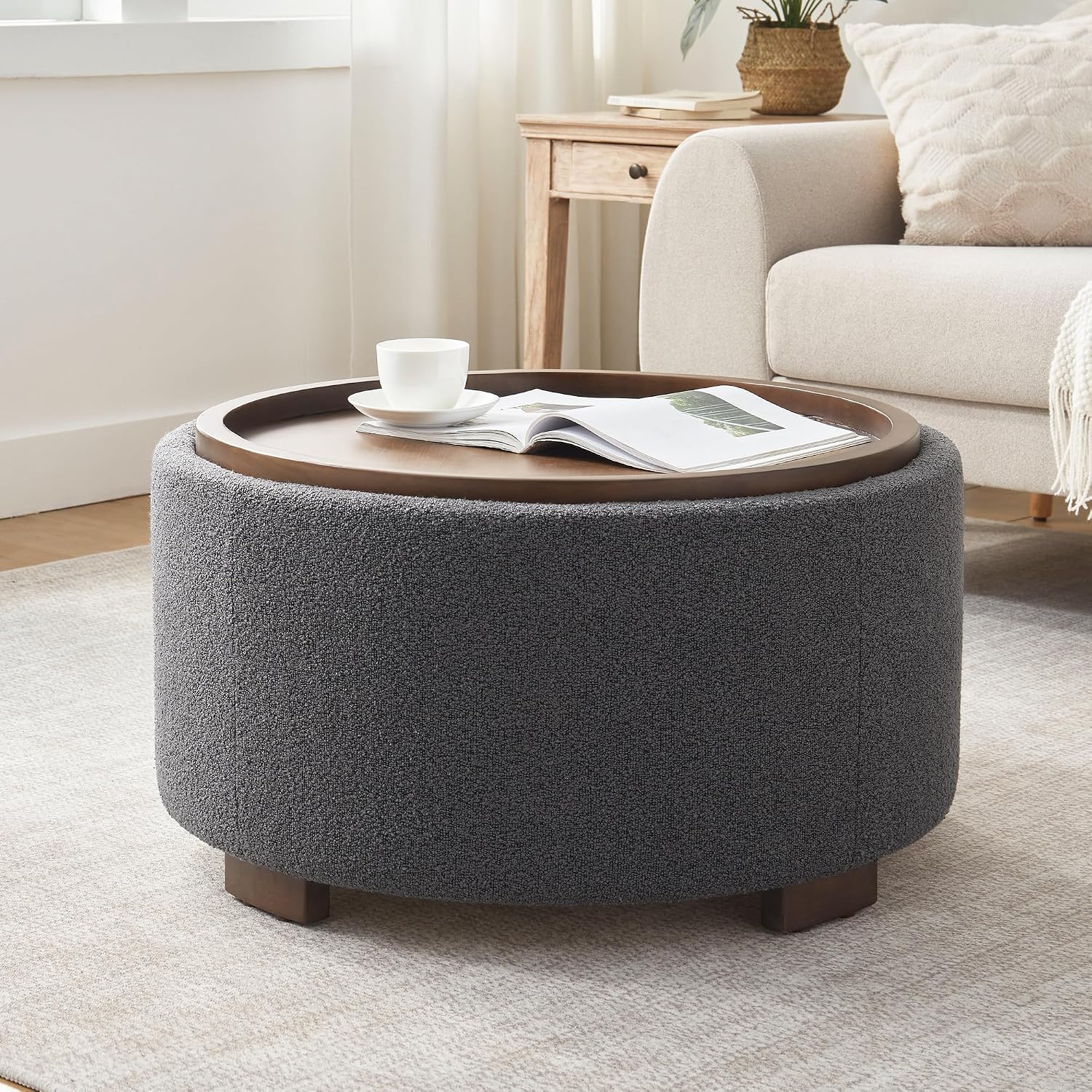 Zihanhome 30 Inch Round Storage Ottoman, Ottoman Coffee Table with Lift Off Lid, Boucle Modern Ottomans with Storage for Living Room, Bedroom, Apartments (Grey)