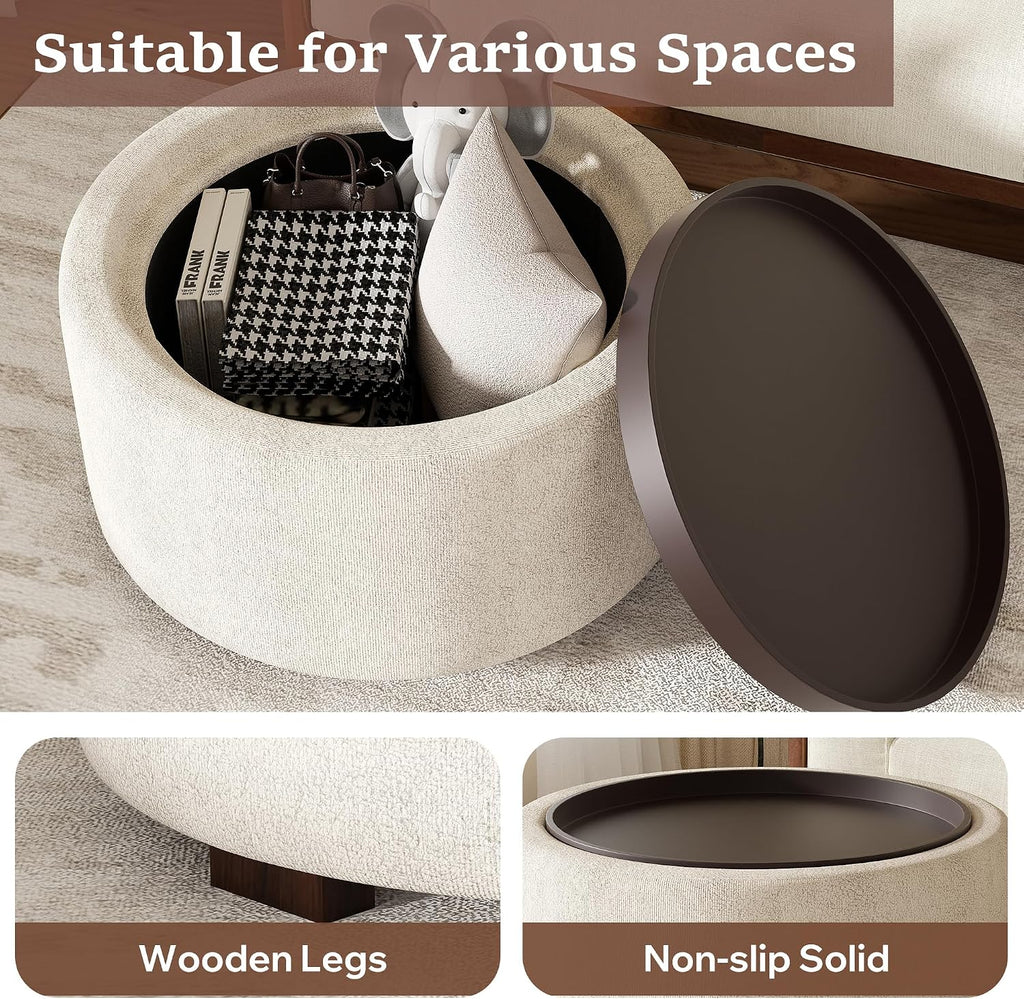 30" Round Ottoman with Storage Circular Coffee Table with Removable Wood Top and Solid Wood Legs Modern Upholstered Ottoman for Living Room Bedroom Apartments White