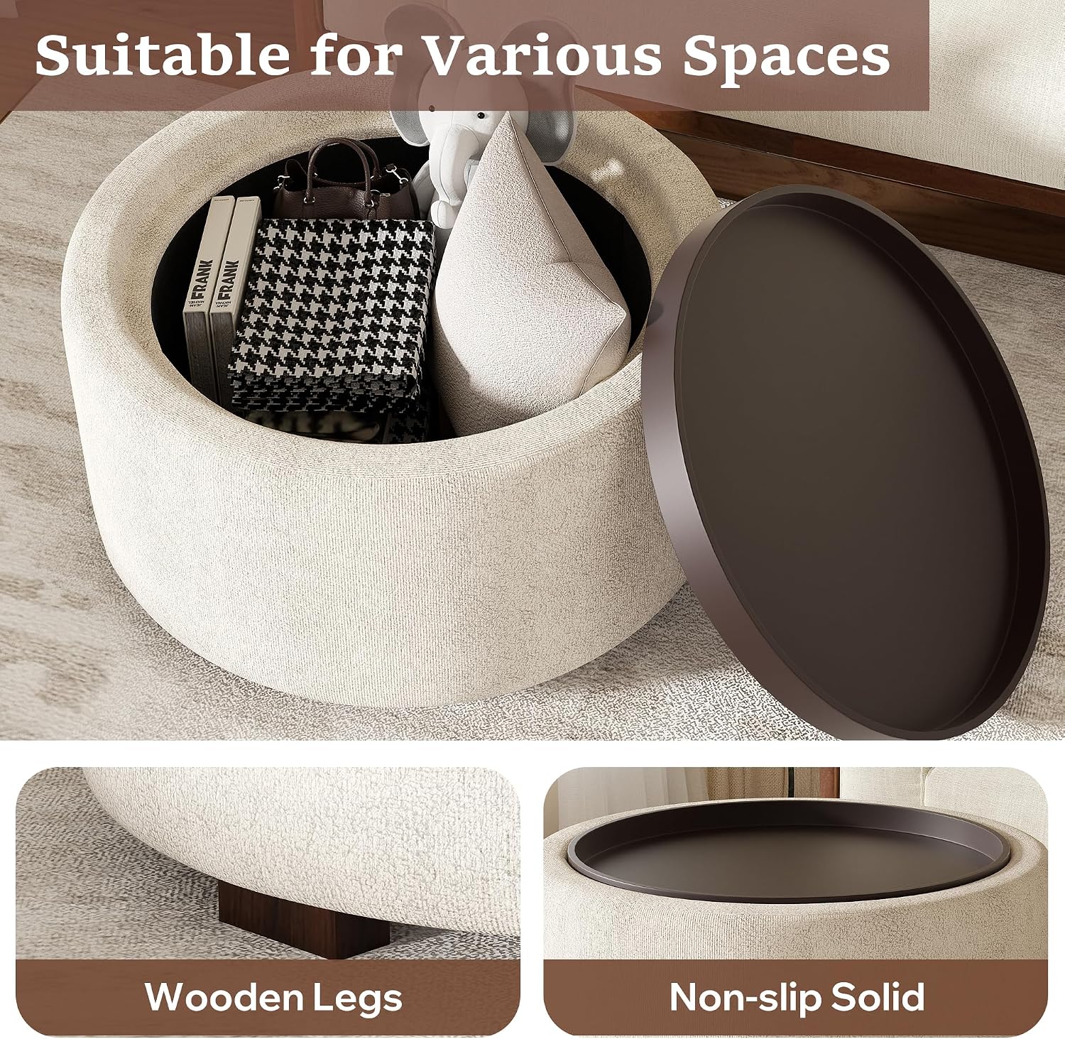 30" Round Ottoman with Storage Circular Coffee Table with Removable Wood Top and Solid Wood Legs Modern Upholstered Ottoman for Living Room Bedroom Apartments White