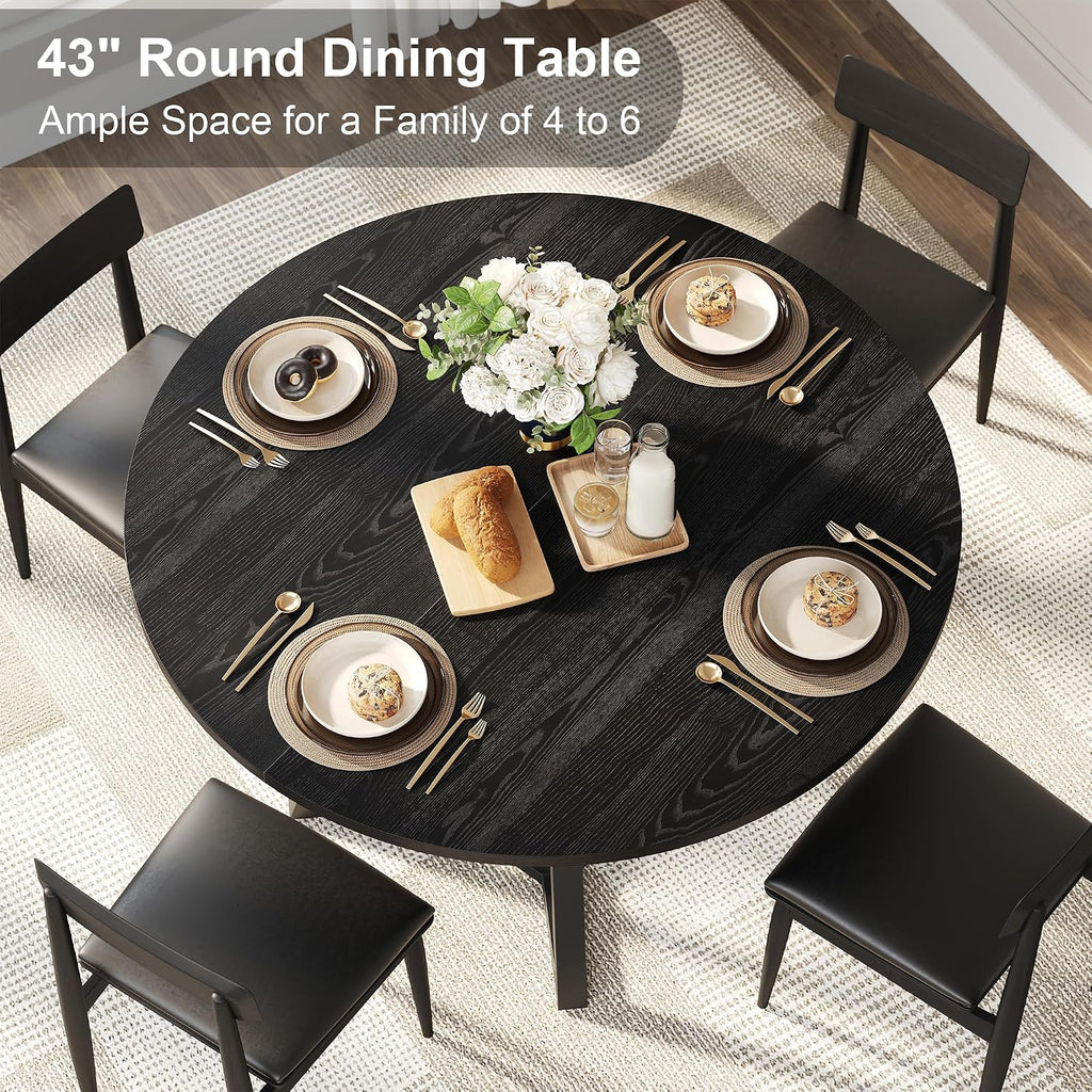 knoworld 43" Round Dining Table for 4, Kitchen Tables Dining Room Circle Dinner Table with Pedestal Metal Frame, Space Saving Wood Industrial Kitchen & Dining Room Tables, Black 43In