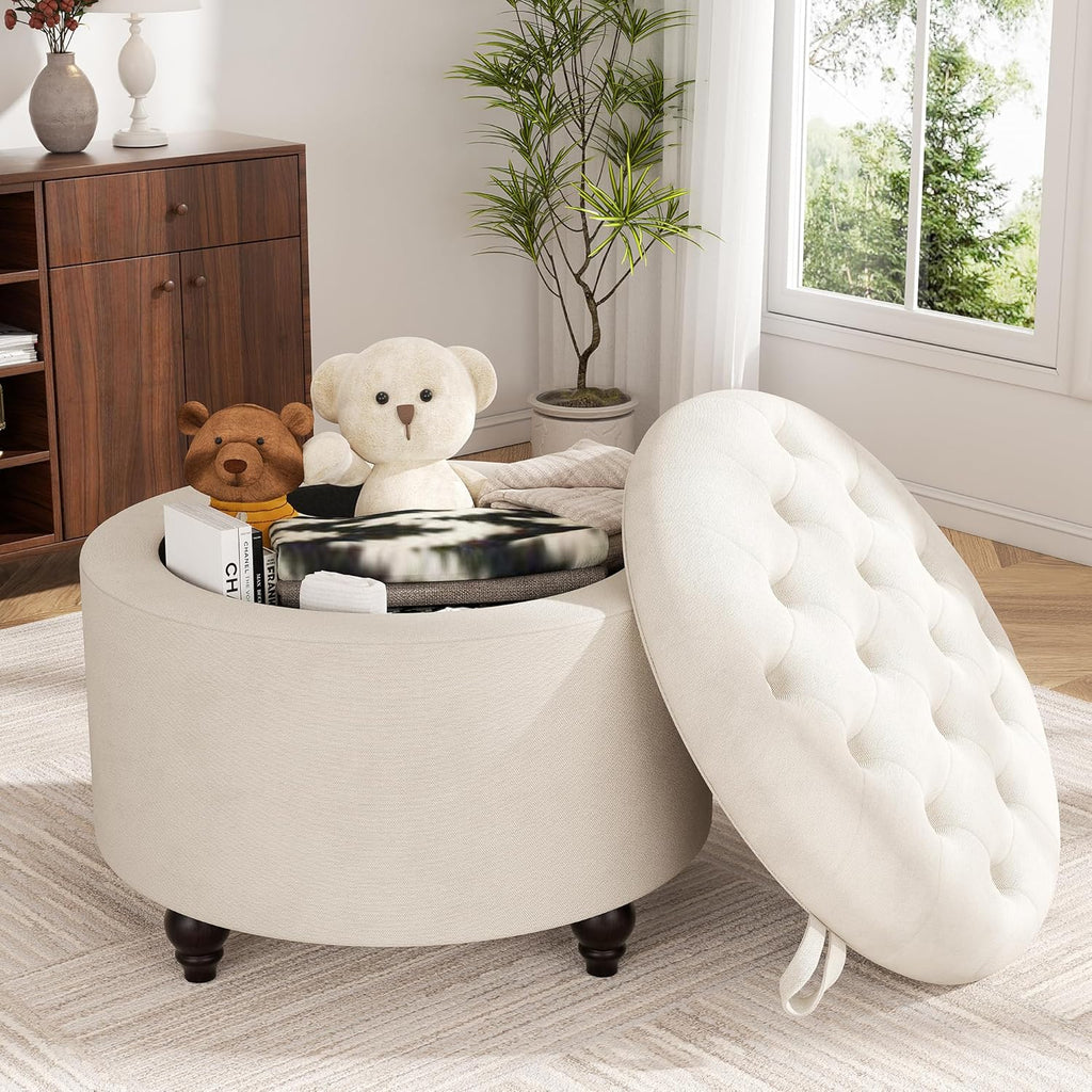 24 Inch Round Storage Ottoman,Modern Tufted Ottomans,Circular Coffee Table with Removable Top,Upholstered Large Ottoman with Storage Footrest Stool for Bedroom Living Room (White)