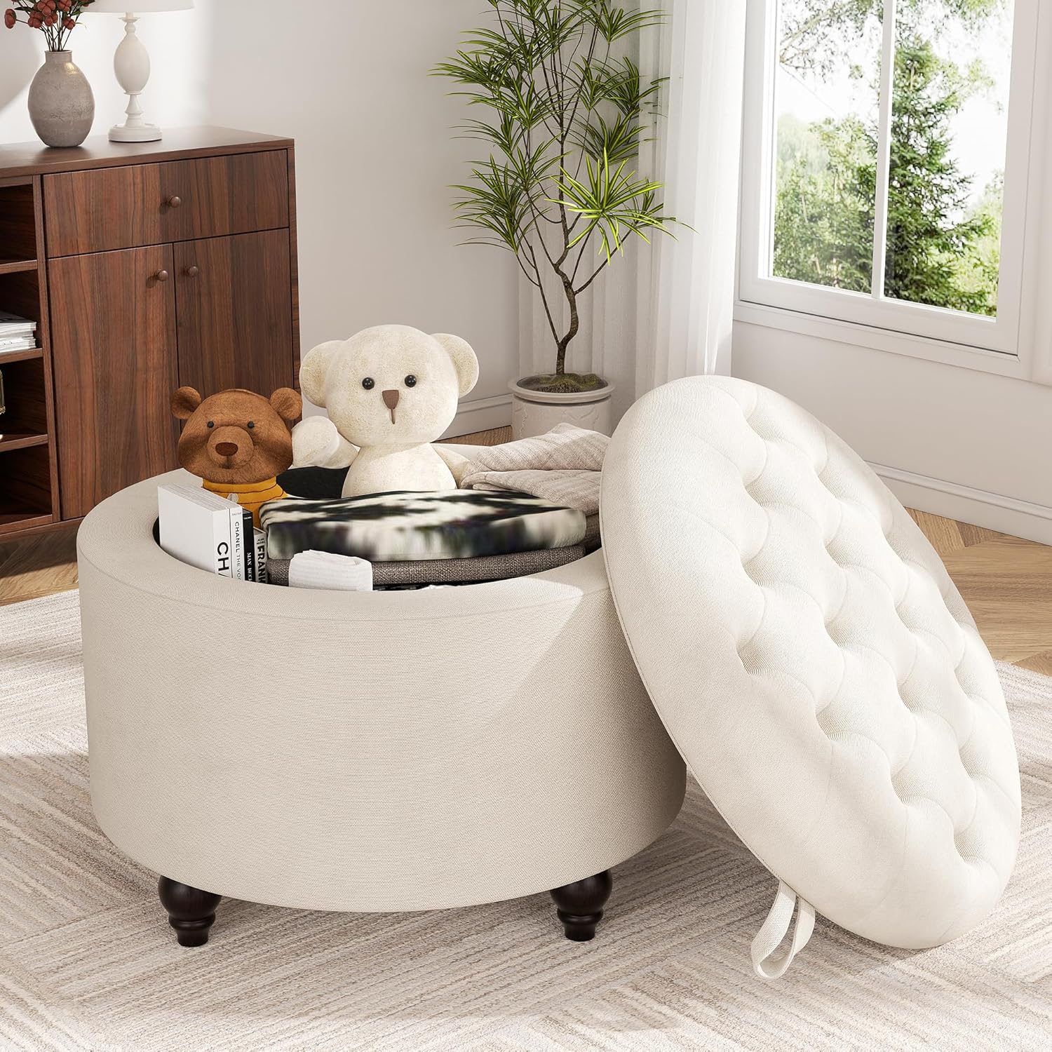 24 Inch Round Storage Ottoman,Modern Tufted Ottomans,Circular Coffee Table with Removable Top,Upholstered Large Ottoman with Storage Footrest Stool for Bedroom Living Room (White)
