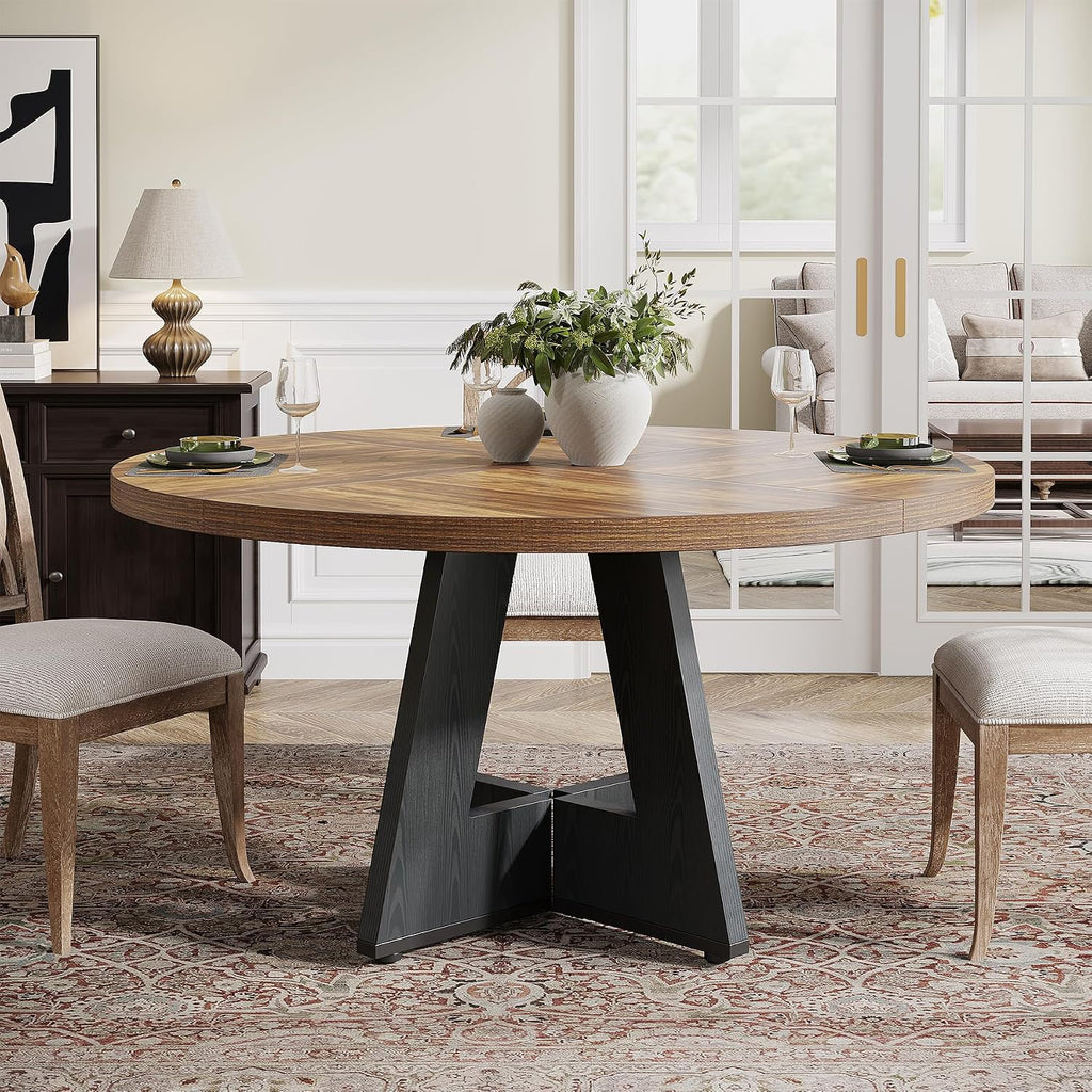 Tribesigns 47 inch Round Dining Table Wood Kitchen Table for Dining Room, 47" Dinner Room Tables for 4-6, Farmhouse Accent Furniture with Wooden Tabletop and Cross Base, Rustic+Black