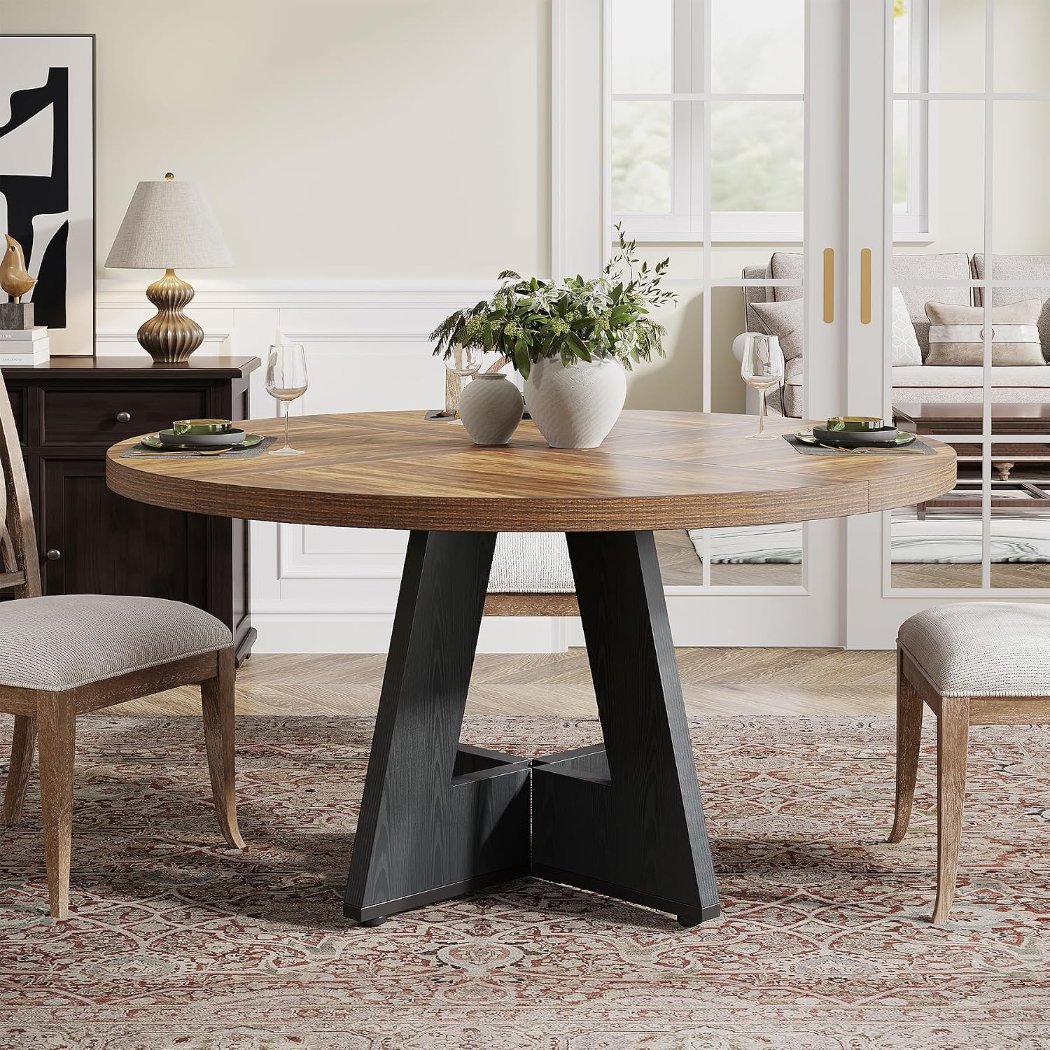 Tribesigns 47 inch Round Dining Table Wood Kitchen Table for Dining Room, 47" Dinner Room Tables for 4-6, Farmhouse Accent Furniture with Wooden Tabletop and Cross Base, Rustic+Black