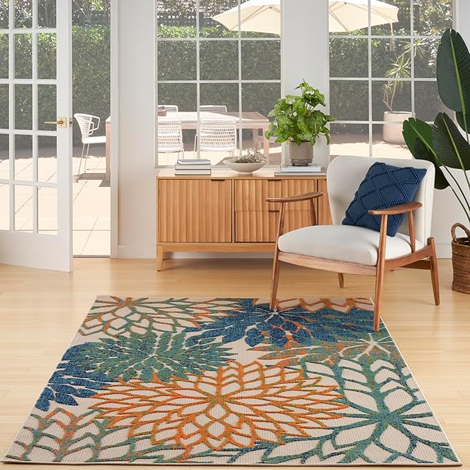 Nourison Home Aloha Indoor Outdoor Blue Green 5'3" x 7'5" Area Rug, Easy Cleaning, Non Shedding, Bed Room, Living Room, Dining Room, Backyard, Deck, Patio (5x7)