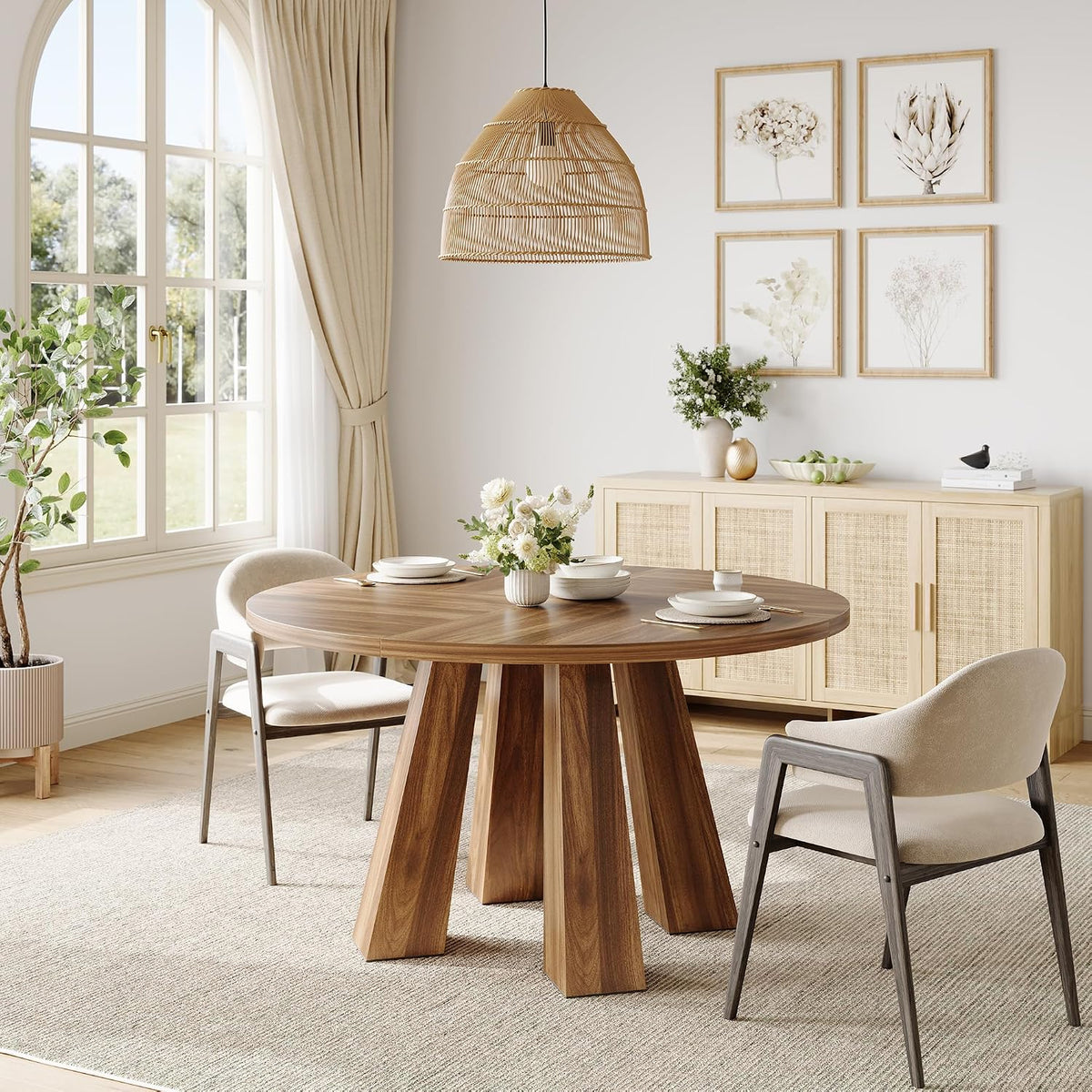 47 Inch Round Farmhouse Dining Table for 4-6, Heavy-Duty 4-Leg Sturdy Wood Kitchen Table, Walnut Circle Dinner Table Ideal for Dining Room & Living Room