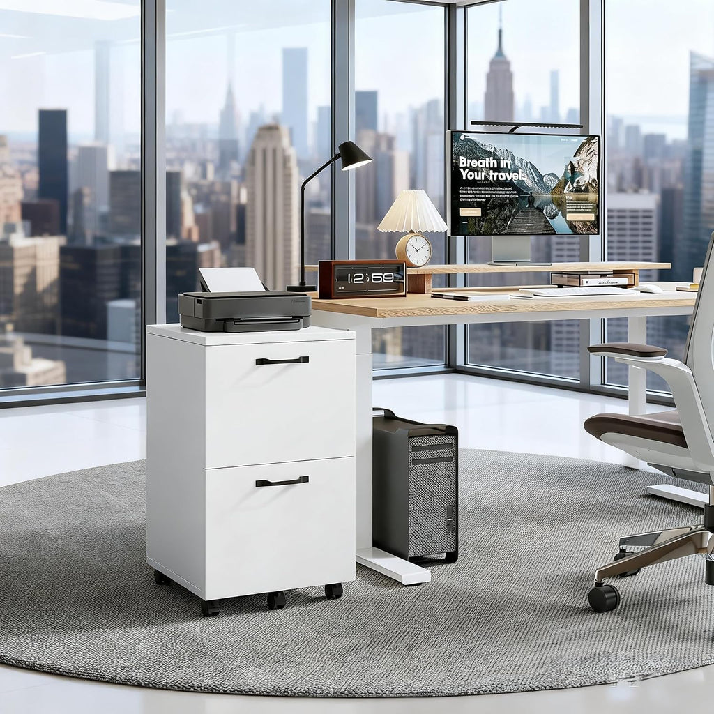 Simple Deluxe 2 Drawer Filing Cabinet, Wood Rolling Filing Cabinets with Printer Stand, Under Desk Storage Lockable Wheels, Home Office Organizer for A4 Letter Legal Size Documents,White
