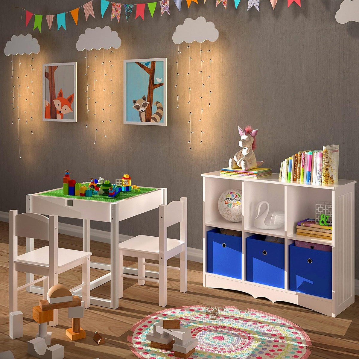 4NM 3 in 1 Kids Table Set, Children Tables and Chairs, Toddler Play Activity Table with Hidden Storage Wood Building Block Desk for Ages 3-7 - White Green