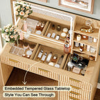 47“Makeup Vanity Desk with Mirror and Lights, Vanity Desk with 7 Drawers & Storage Shelves, Vanity Table with Power Outlet, 3 Color Modes & Adjustable Brightness Dressing Table, Bedroom,Wood