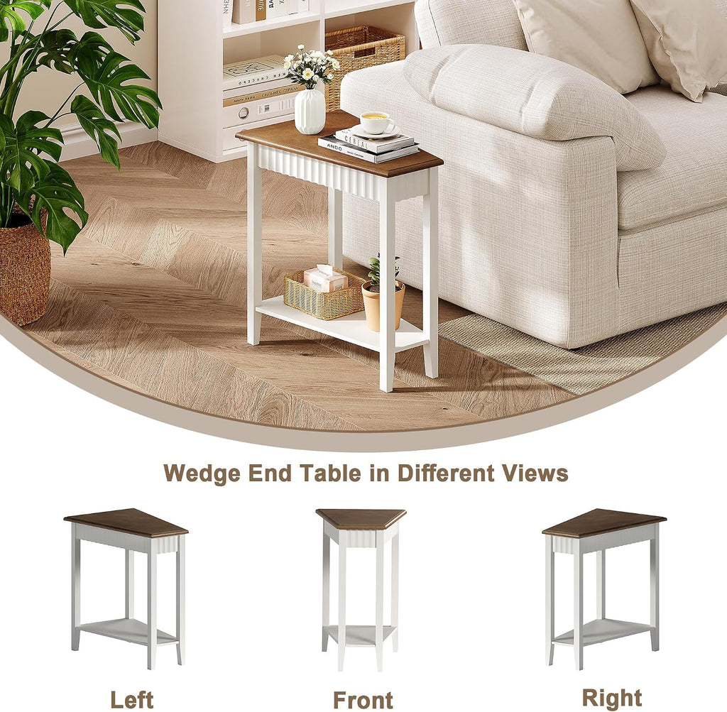 ChooChoo Wedge End Table, Narrow Triangle Side Table with 2-Tier Storage Shelf, Fluted Recliner Side Table for Corner, Living Room, Bedroom, Small Space, White