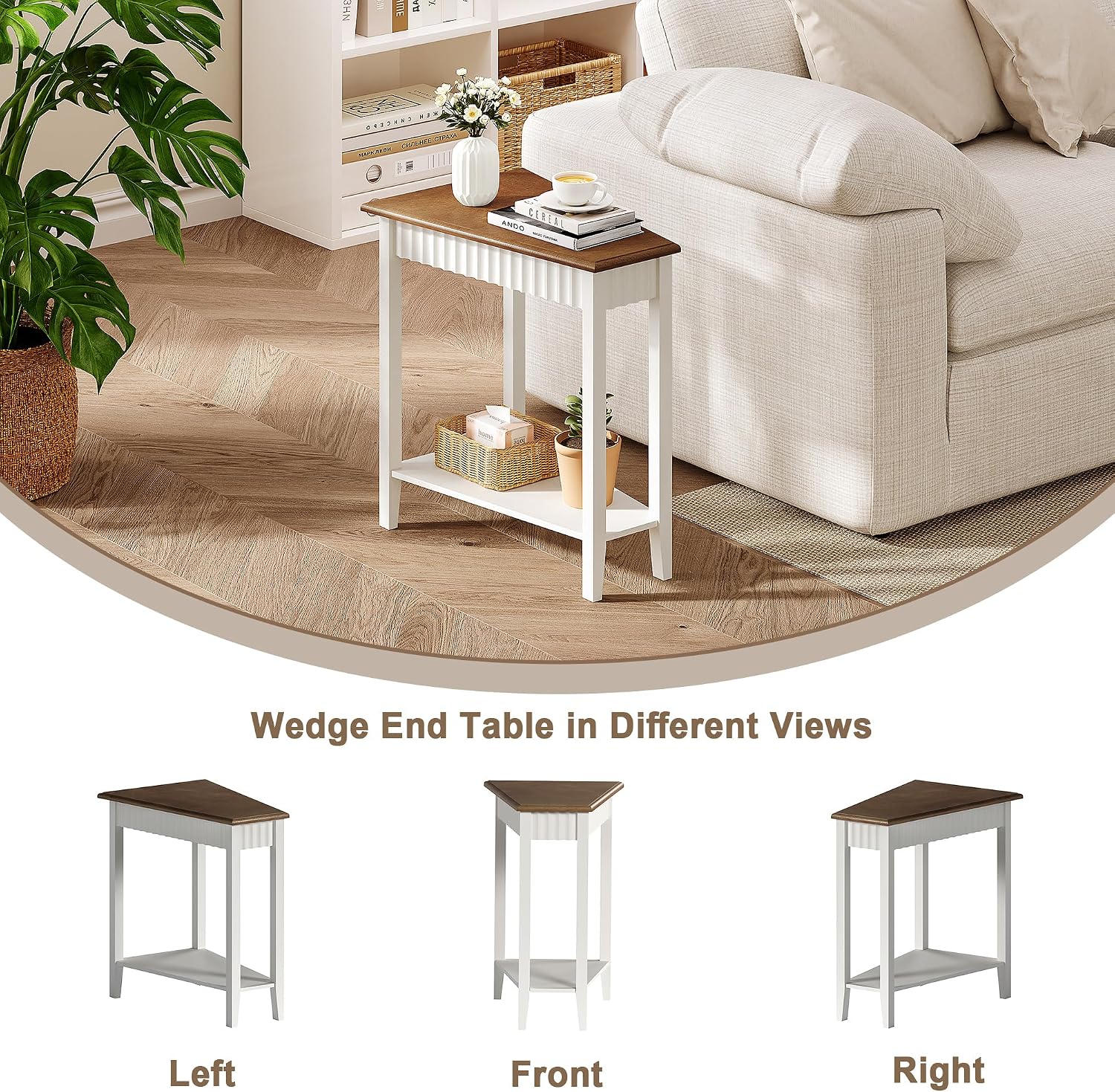 ChooChoo Wedge End Table, Narrow Triangle Side Table with 2-Tier Storage Shelf, Fluted Recliner Side Table for Corner, Living Room, Bedroom, Small Space, White
