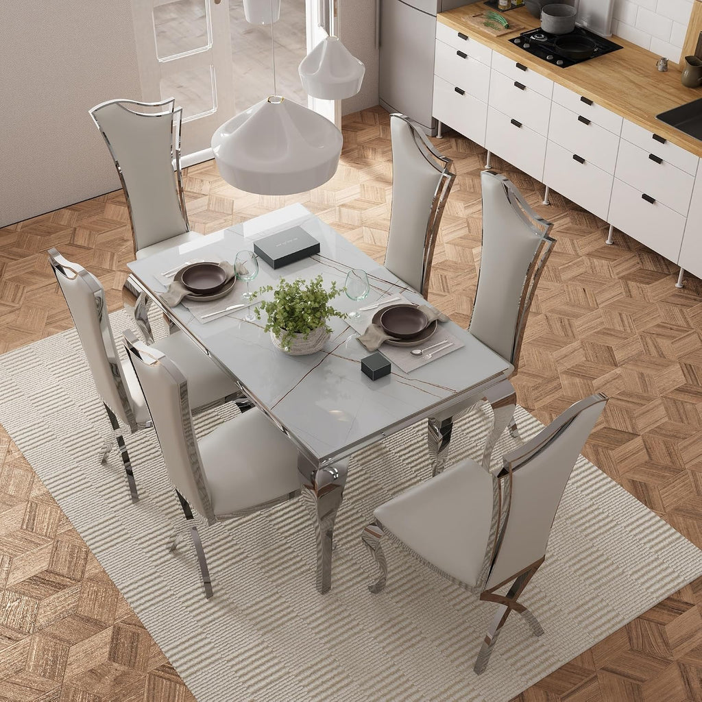 Asday Dining Chairs Set of 6, White Faux Leather and Silver Streamlined High Back Dining Room Chairs with Curved and X Stainless Steel Legs