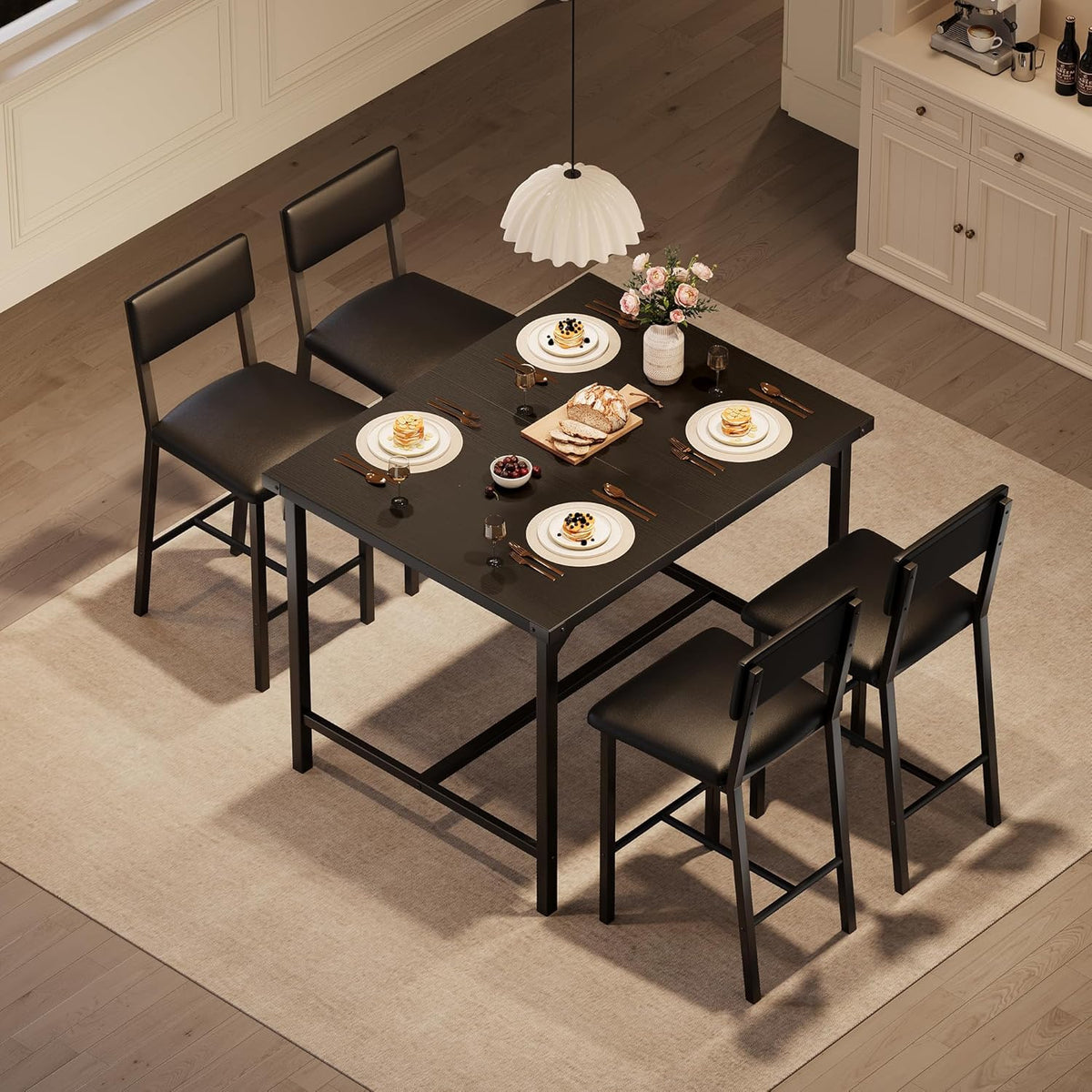 IDEALHOUSE Dining Table Set for 4 with Footrest & Corner Protector, Counter Height Table with 4 Upholstered Bar Stools, 5-Piece Kitchen Table Set, for Dining Room, Apartment, Pub, Rustic Black