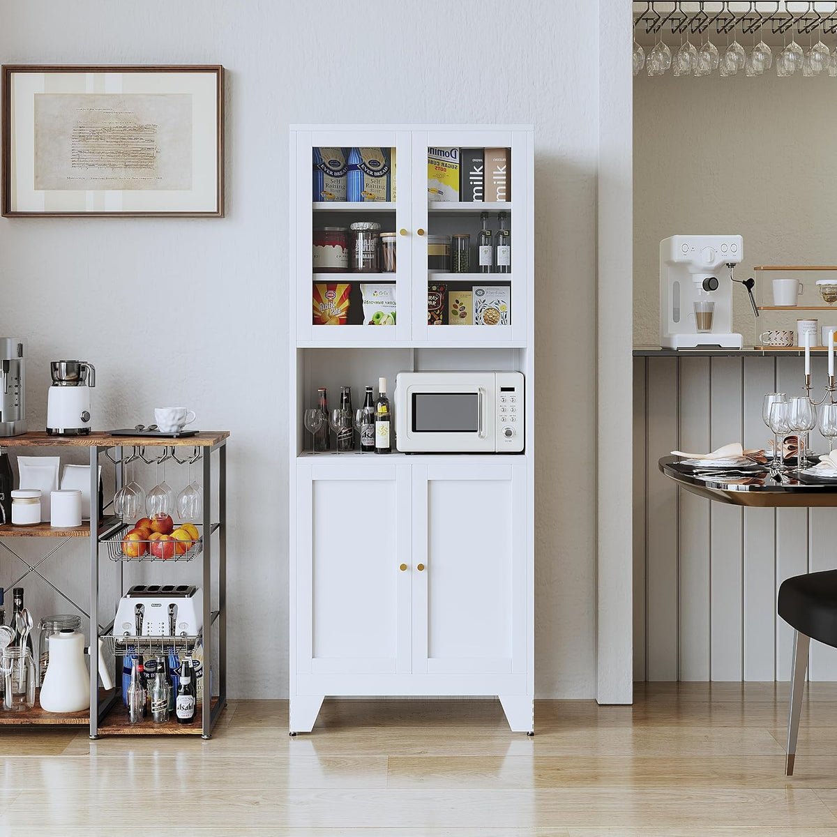 69" Tall Metal Pantry Cabinet with Microwave Stand,Microwave Storage Cabinet with 4 Doors & 3 Adjustable Shelves for Kitchen (4 Glass Doors-White, 13.78" D x 27.54" W x 68.9" H)