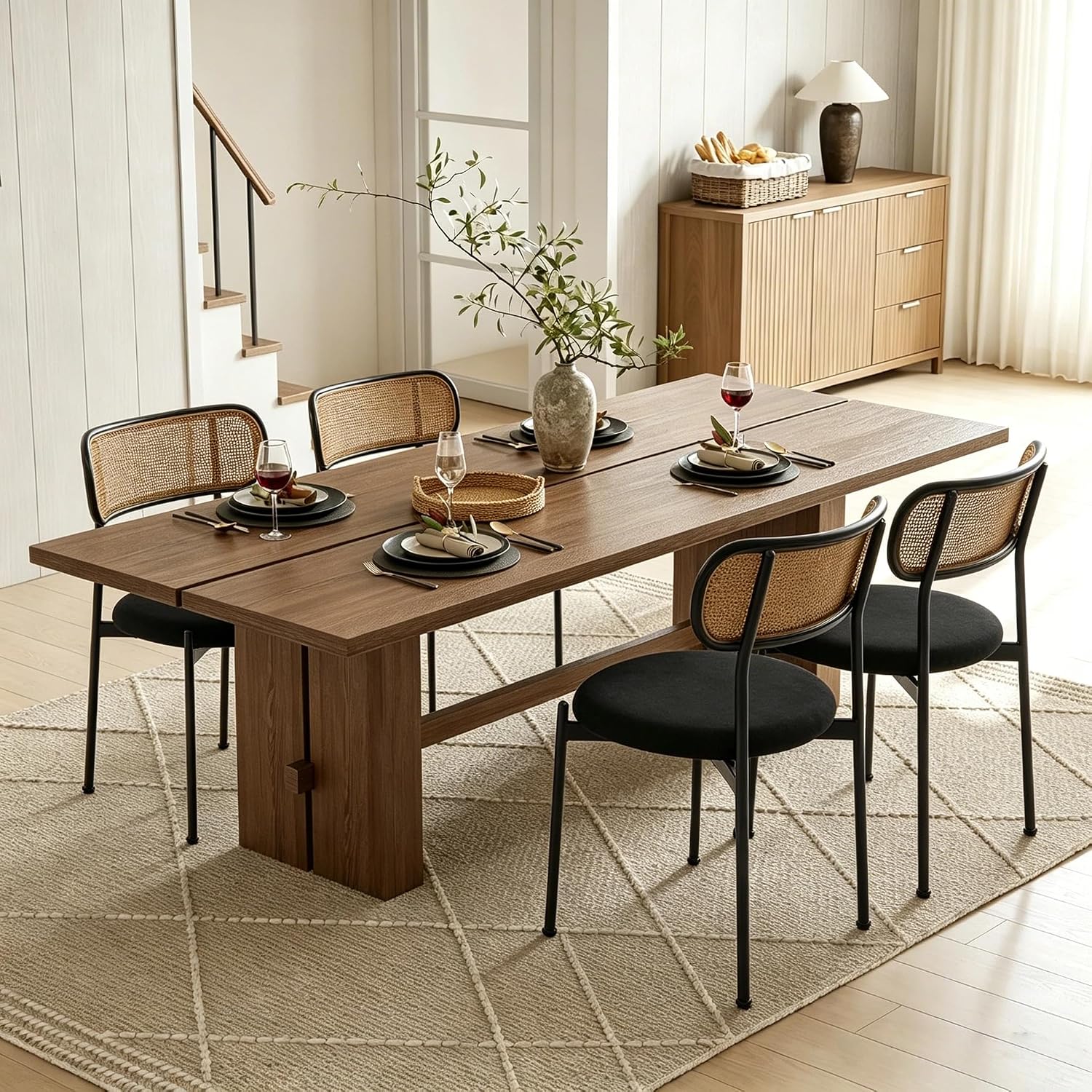 Rattan Dining Chairs Set of 4, Velvet Mid-Century Modern Upholstered Dining Chairs with Woven Cane Backrest, Black Kitchen Dining Room Chairs