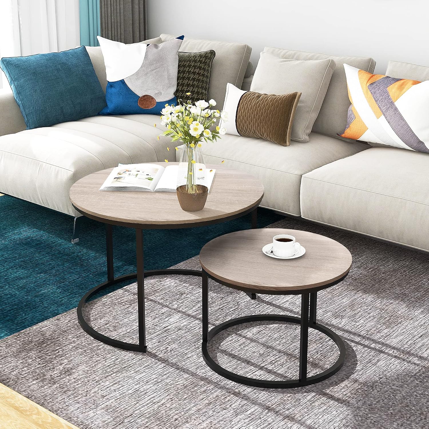 HOMERECOMMEND Round Coffee Tables Nesting Side Set of 2 End Tables for Living Room,Round Table with Solid Powder-Coated Metal Frame Natural Wood Color