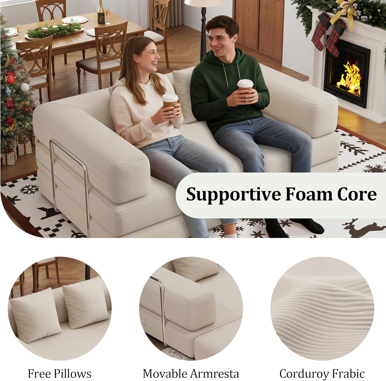 59.0 Inch Convertible Sofa Bed, 4-in-1Futon Sofas Bed Pull Out Sleeper Couch, Modern Deep Seat Sofa for Living Room, Corduroy Couches for Bedroom, Apartment, No Assembly Beige, 2 Seat
