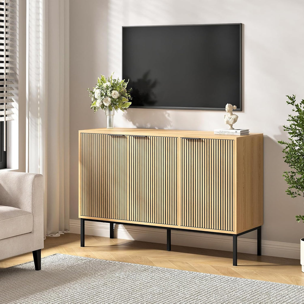 47.2" Sideboard Cabinet, Modern Buffet Cabinet with Doors & Adjustable Shelf, Wood Credenza Coffee Bar Storage Console Table for Kitchen, Dining Room, Living Room, Entryway, Natural