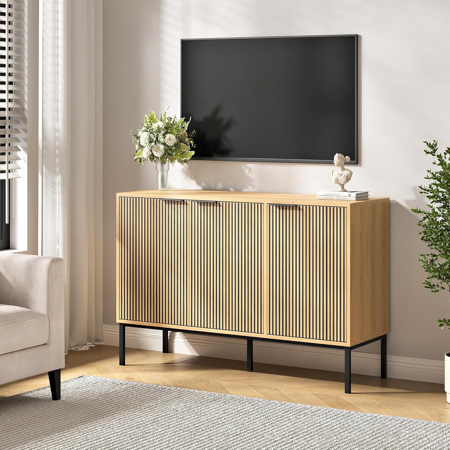 47.2" Sideboard Cabinet, Modern Buffet Cabinet with Doors & Adjustable Shelf, Wood Credenza Coffee Bar Storage Console Table for Kitchen, Dining Room, Living Room, Entryway, Natural