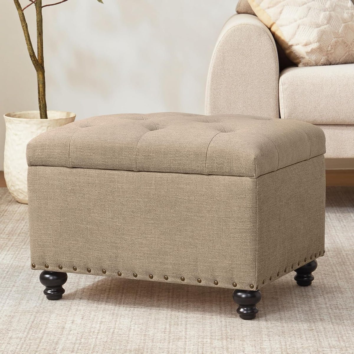 Zihanhome Small Ottoman with Storage, Upholstered Button Tufted Ottoman Foot Rest, Foot Stools, 24" Rectangle Bench with Storage for Living Room, Bedroom, Dorms and Apartments (Brown)