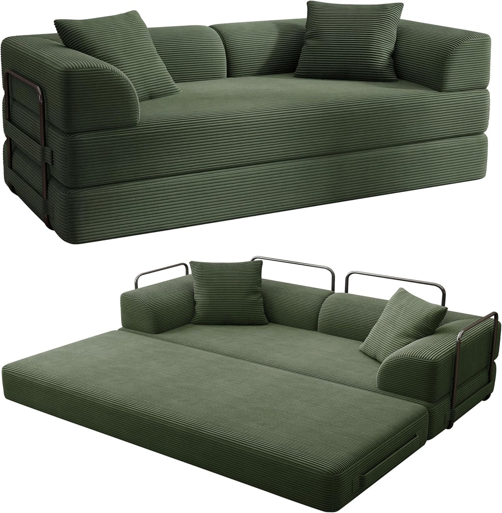 Cloud Couch Futon Sofa Bed, 5-in-1 Convertible Sofa Bed Pull Out Couch Sleeper Sofa Compressed Loveseat, 70" High-Density Sponge & Corduroy Fabric Futon Daybed for Living Room Bedroom(Green)