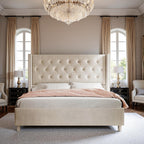 PaPaJet King Velvet Bed Frame with 49.2" Tall Wingback Headboard, Cream