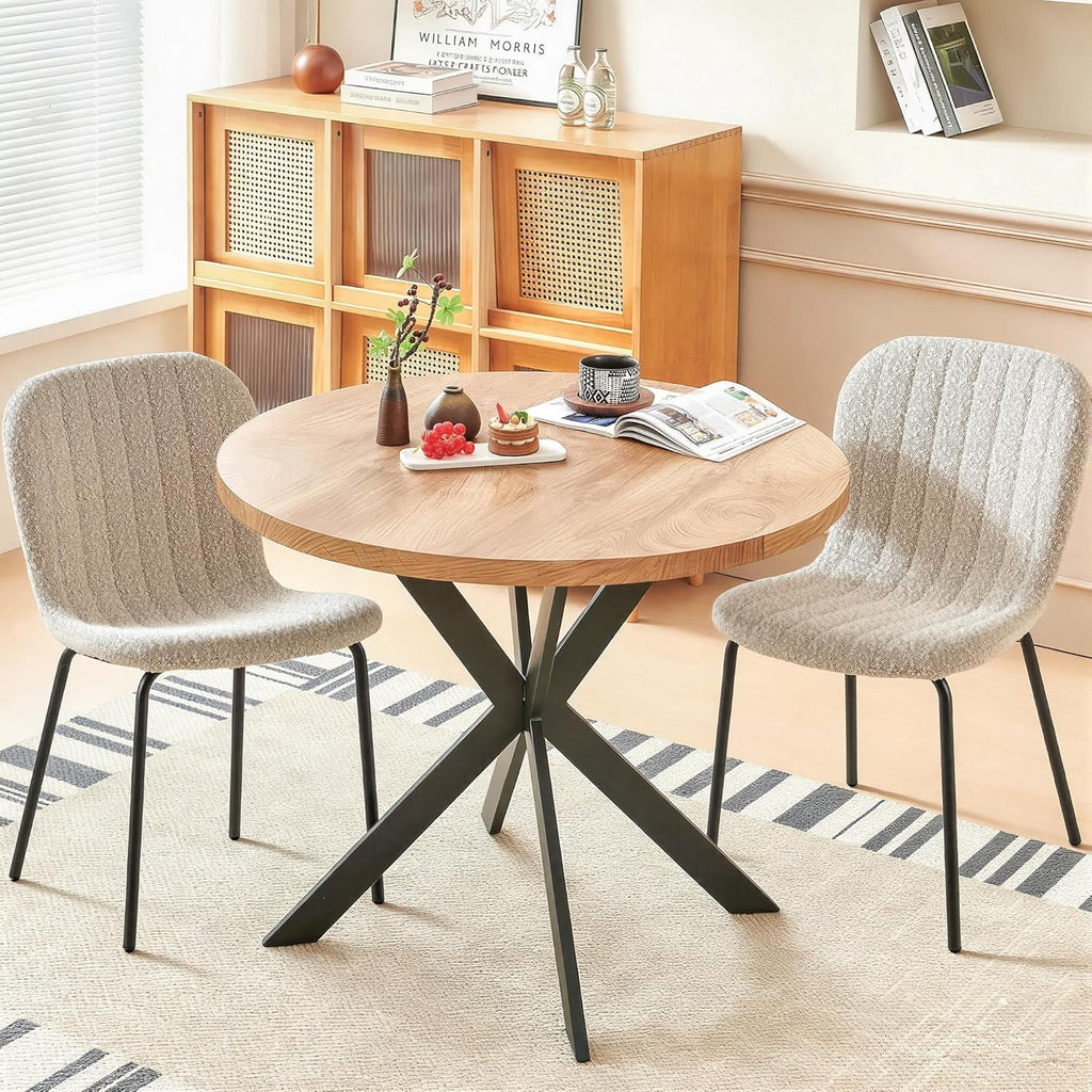 37 Inch Round Dining Table Set for 2, Modern Small Circle Kitchen Coffee Set for Apartment Living Room Office, Save Space(1 Wooden Table + 2 White Boucle Chairs)
