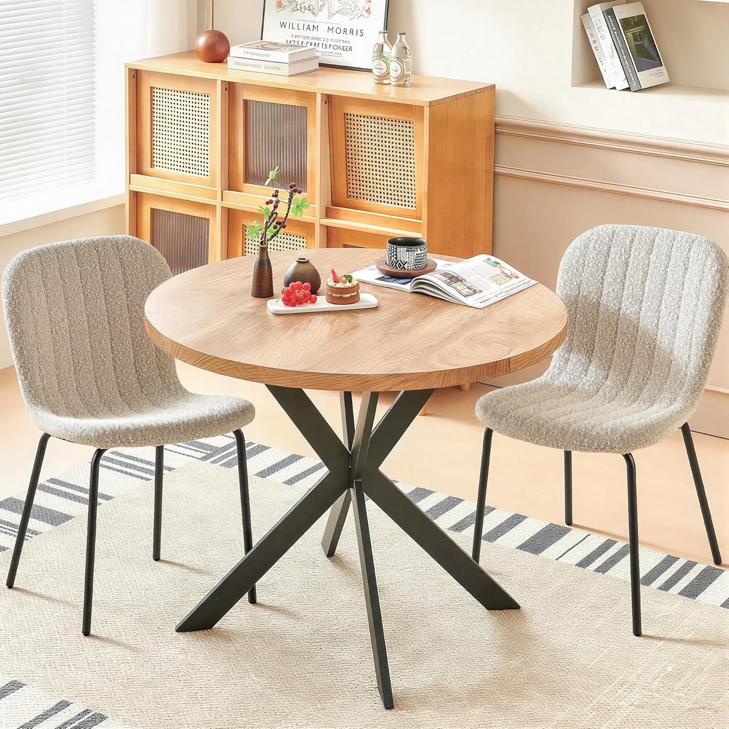 37 Inch Round Dining Table Set for 2, Modern Small Circle Kitchen Coffee Set for Apartment Living Room Office, Save Space(1 Wooden Table + 2 White Boucle Chairs)