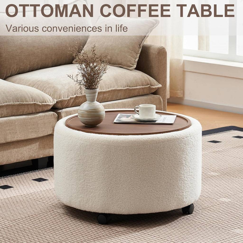 28 Inch Round Storage Ottoman with Wheels Set of 2, Multifunctional Coffee Table Ottoman with Removable Solid Wood Lid, Modern Circle Ottoman Foot Rest for Living Room, Bedroom, Beige