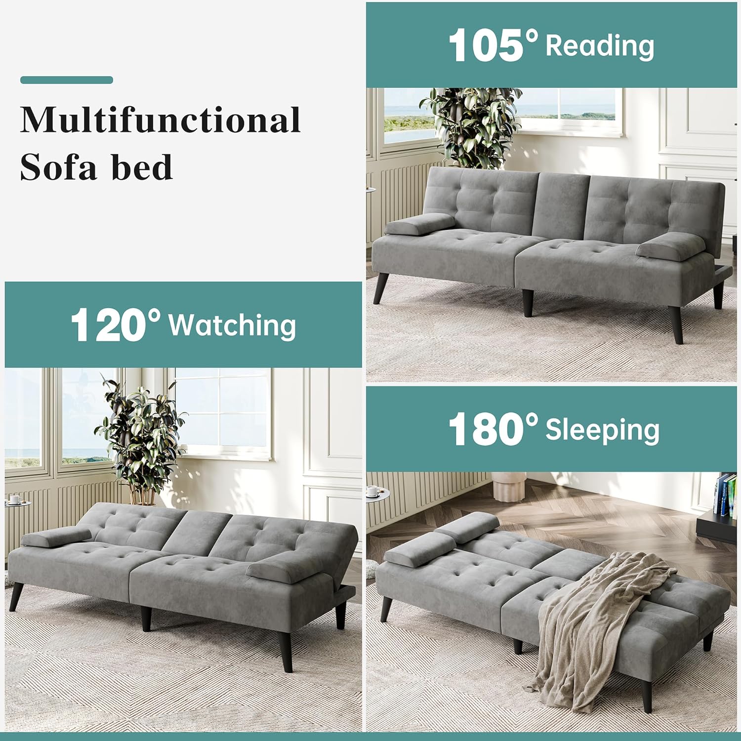 64" Futon Sofa Bed, Convertible Loveseat with 2 Cup Holders, Small Couch with 3 Adjustable Angles & Armrests, Sleeper Sofa for Small Space, Dark Grey