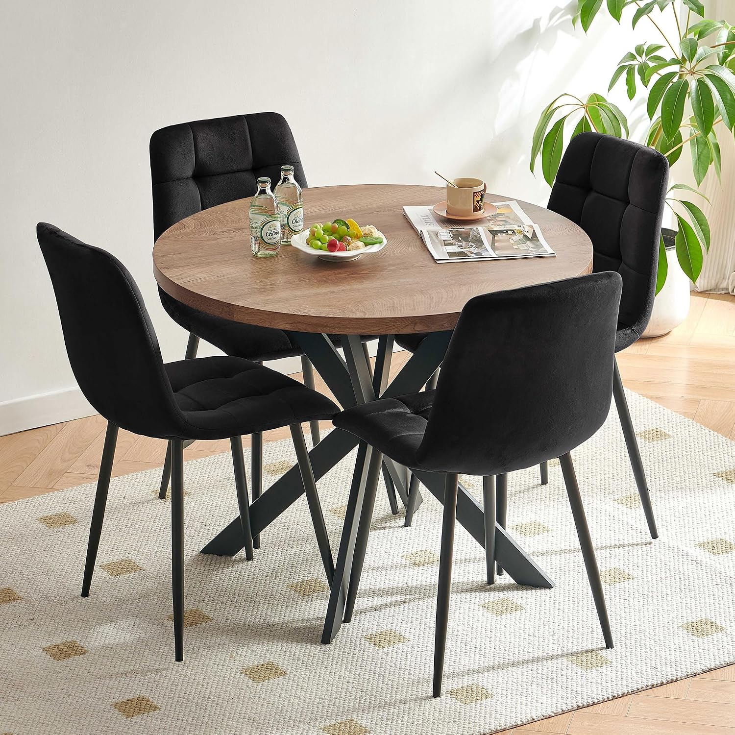 Homedot 37-Inch Round Kitchen Dining Room Table Set for 4, Modern Mid-Century Brown Dining Table with Black Velvet Chairs Set, Small Dining Set for Restaurant/Dining Hall