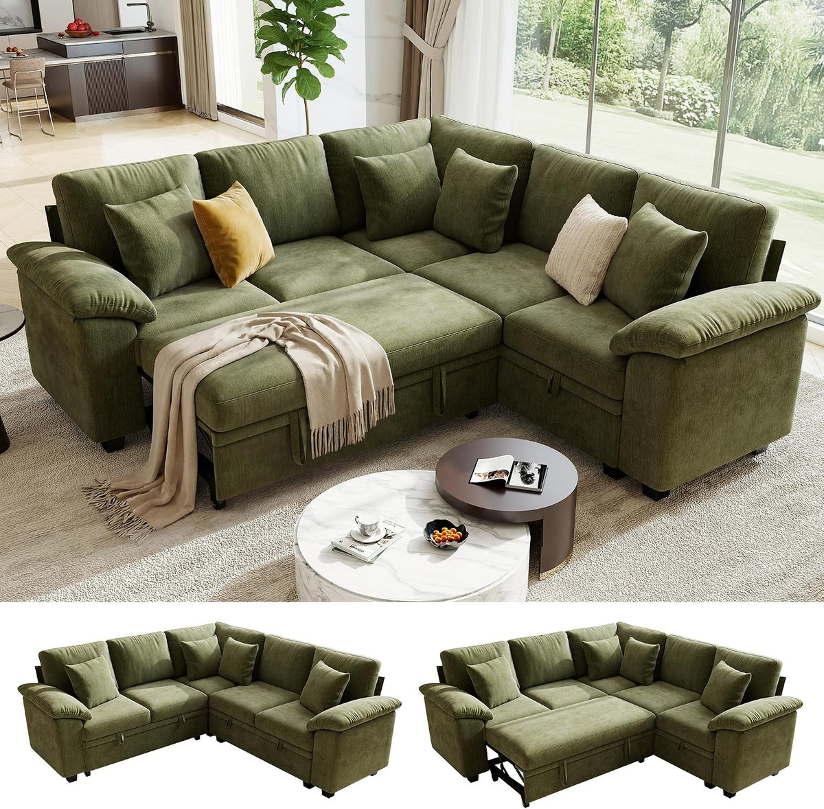 Sectional Sleeper Sofa with Pull Out Bed, 86" L Shaped 5 Seat Couch with 151L Storage, Convertible Cloud Couch Bed, Modular Sectional Couches for Living Room, Apartment (Green)