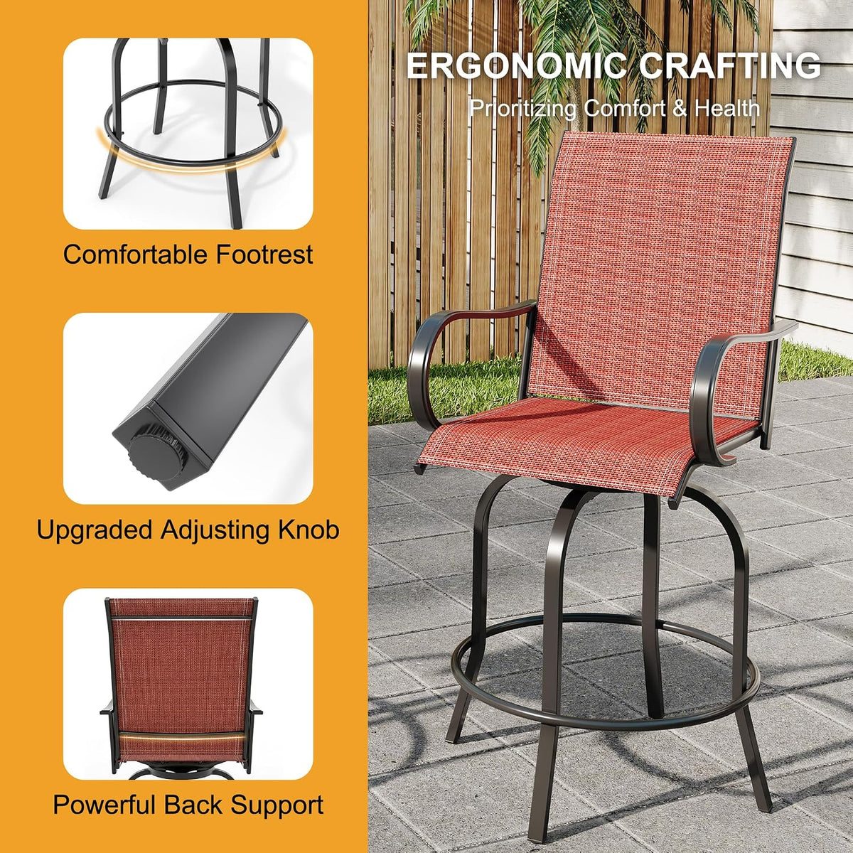 2 Piece Outdoor Swivel Bar Stools, All-Weather Bar Height Patio Chairs with High Back & Armrest, 360° Swivel Tall Barstools for Patio, Deck, Backyard, Garden-Red
