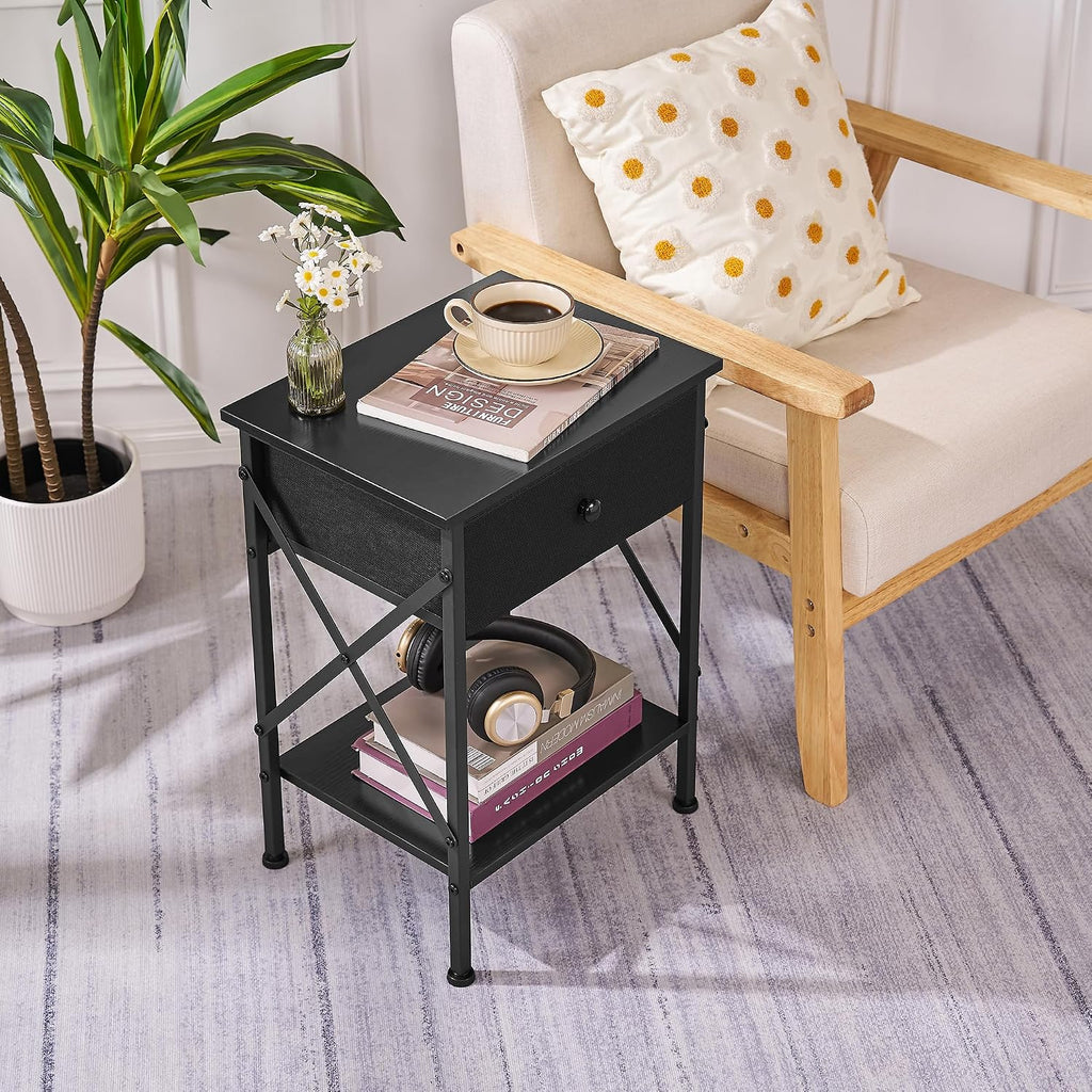 VECELO Nightstand Set of 2, X-Design End Side Table with Fabric Storage Drawer and Open Shelf, Bedside Night Stand with Steel Frame for Bedroom, Living Room,Dorm, Easy Assembly, Black