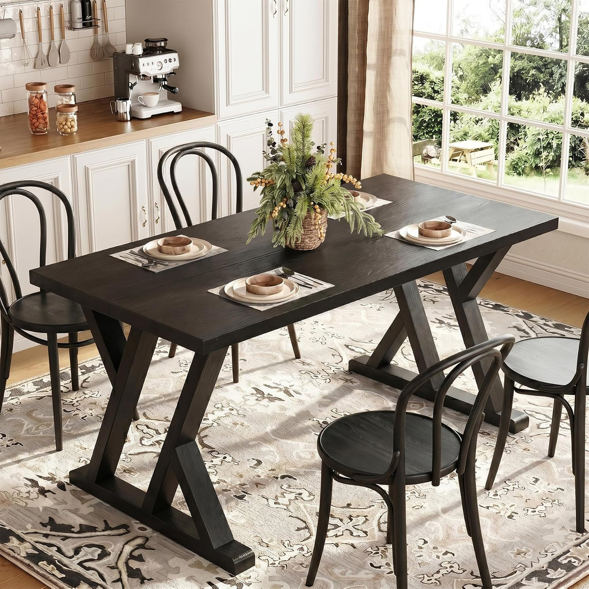 Solid Wood Dining Table for 4-6 People, 63 Inches Wooden Farmhouse Rectangular Kitchen Dinner Table with Heavy-Duty Legs for Home, Living Room, Dining Room, Black