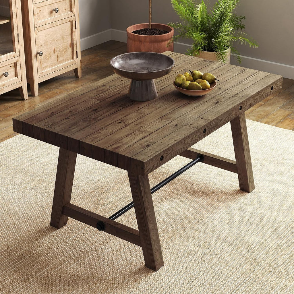 Rustic Farmhouse Dinning Table, Reclaimed Solid Wood Kitchen & Dining Room Table for 4-6 People, 59" Wooden Rectangular Kitchen Table with Trestle Base for Dining/Kitchen Room, Walnut