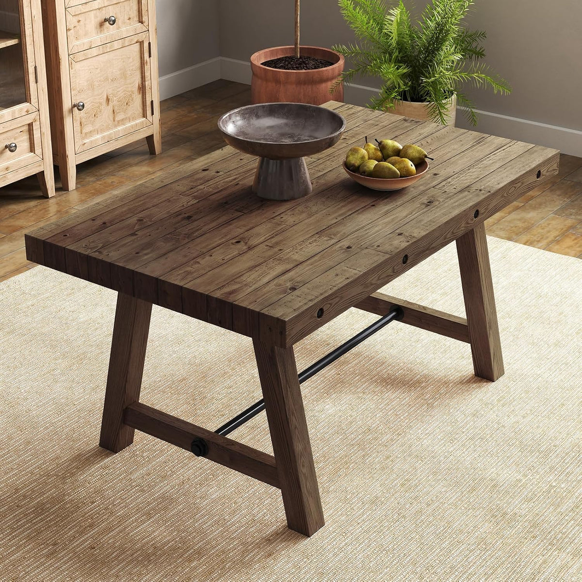 Rustic Farmhouse Dinning Table, Reclaimed Solid Wood Kitchen & Dining Room Table for 4-6 People, 59" Wooden Rectangular Kitchen Table with Trestle Base for Dining/Kitchen Room, Walnut