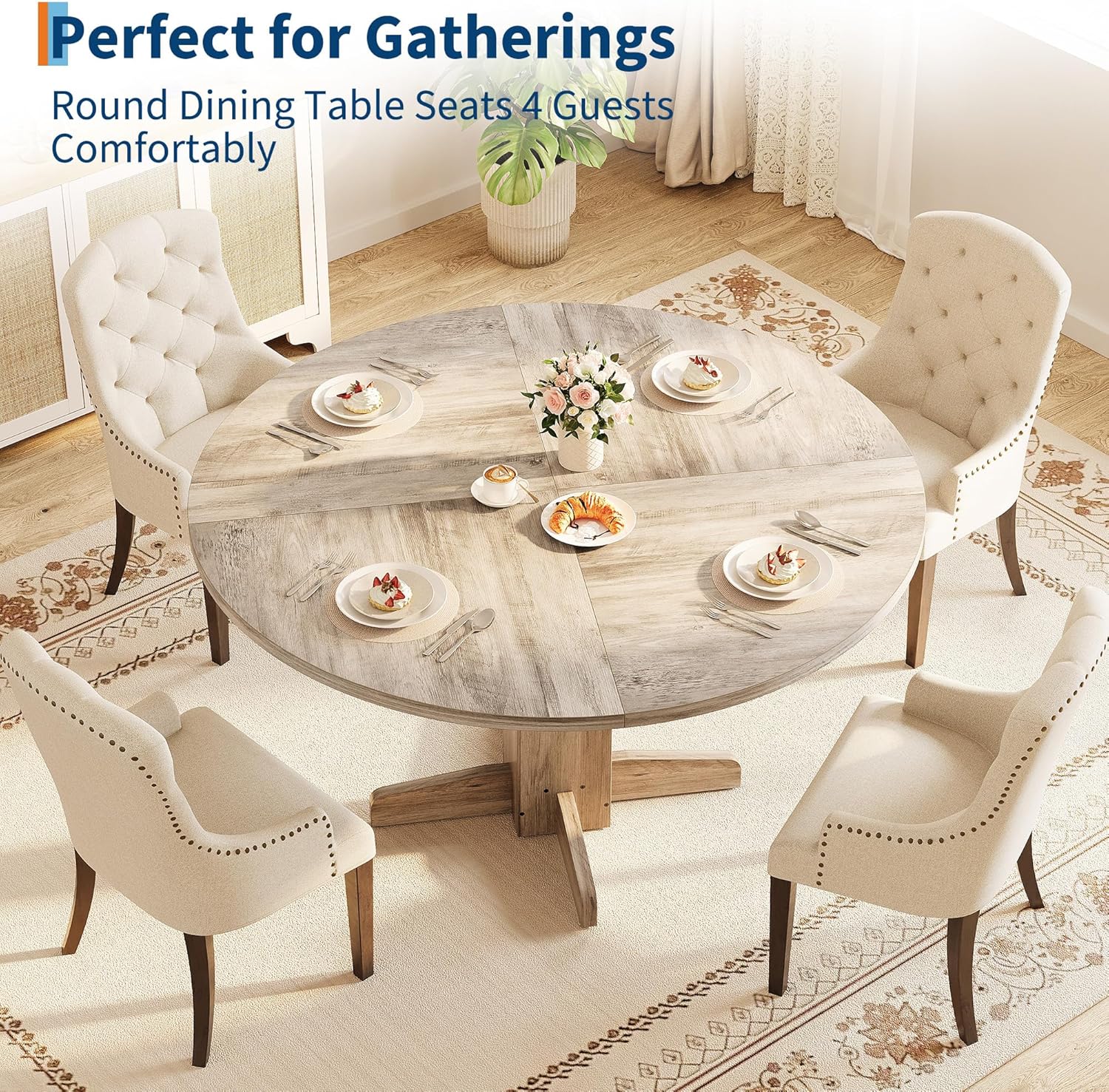 Round Dining Table for 4-6 People,Circle Dining Table, 47 Inch Farmhouse Kitchen Table with Sturdy Pedestal Base,Finish Circle Table for Dining Room, Living Room, Apartment