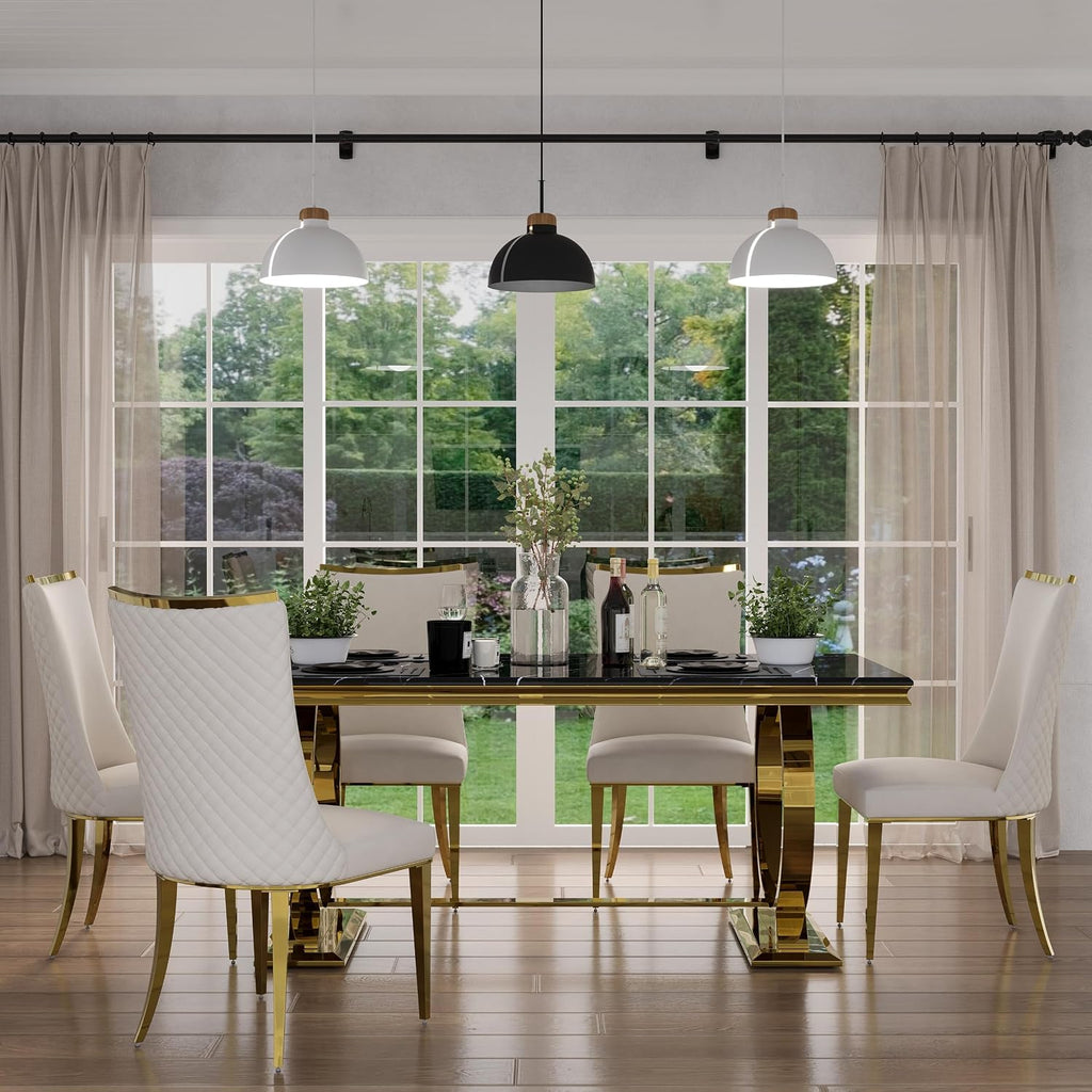 7 Piece Dining Room Table Set for 6, Kitchen and Dining Room Table Set with 70" Gold Rectangular Dining Table and 6 White Velvet Upholstered Dining Chairs