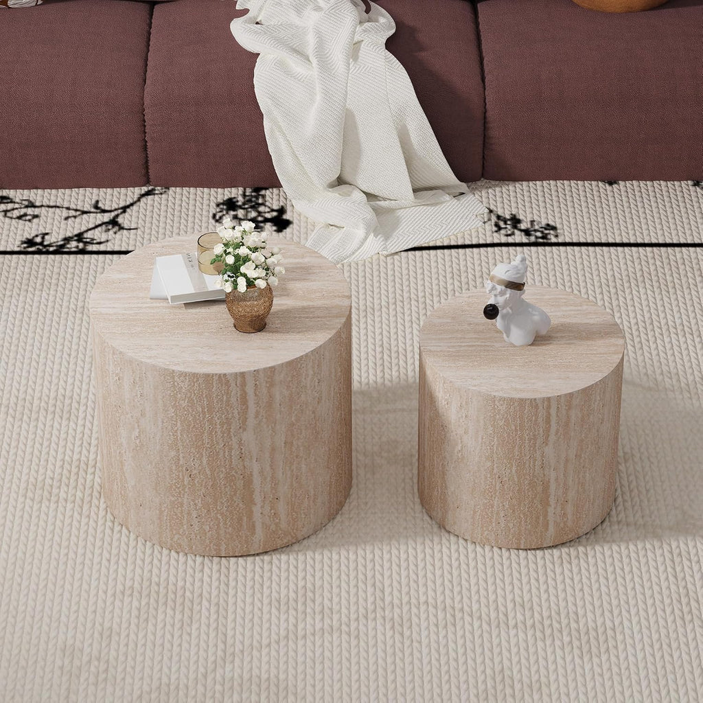 WXFKLDJ Round Nesting Coffee Table Set of 2, Wood Side Table, Travertine | Modern Handcraft Drum Coffees Table, Farmhouse Style End Table, for Living Room Small Spaces, No Assembling