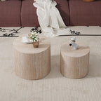 WXFKLDJ Round Nesting Coffee Table Set of 2, Wood Side Table, Travertine | Modern Handcraft Drum Coffees Table, Farmhouse Style End Table, for Living Room Small Spaces, No Assembling