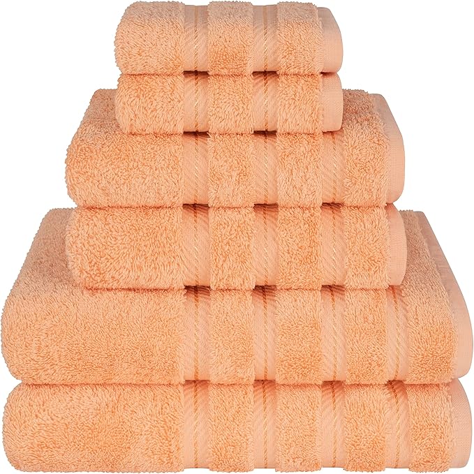 American Soft Linen Luxury 6 Piece Towel Set, 2 Bath Towels 2 Hand Towel 2 Washcloths, 600 GSM 100% Cotton Turkish Towels for Bathroom, Malibu Peach Towel Sets