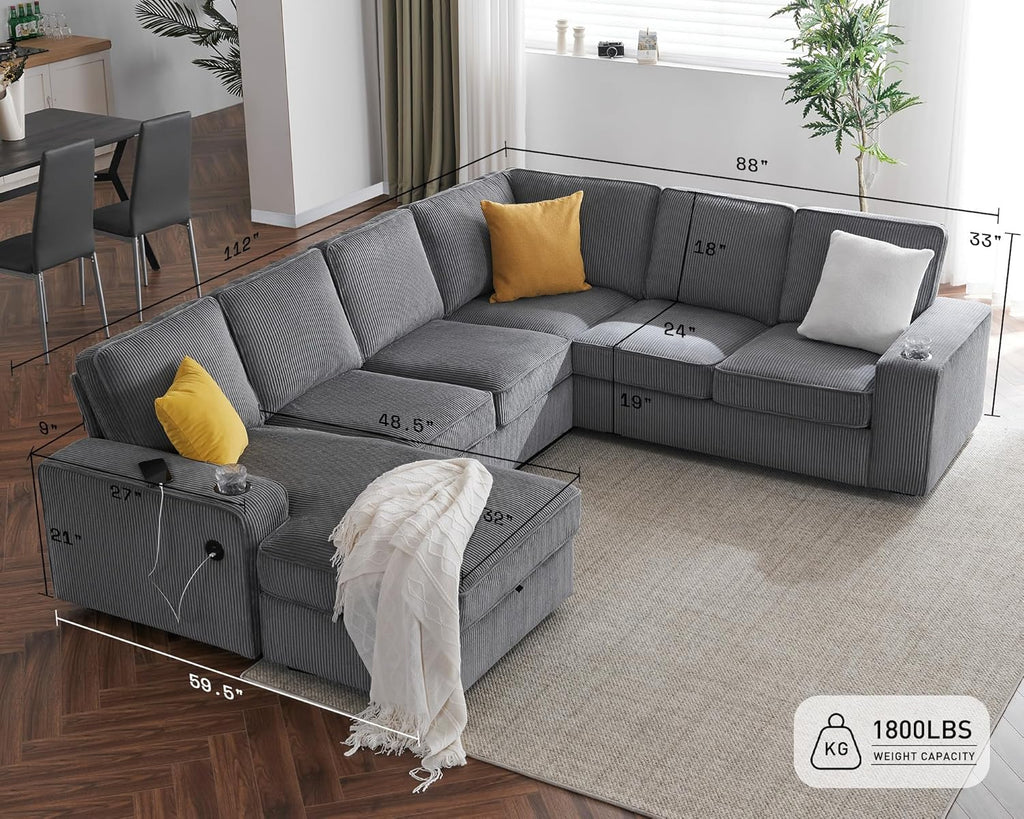 112" Sectional Couch, U Shaped Couch with Storage, Couches for Living Room | Storage Chaise, Cup Holders, USB & Type-C Charging Ports, L Shaped Sofa for Living Room & Guest Bedroom, Corduroy Grey