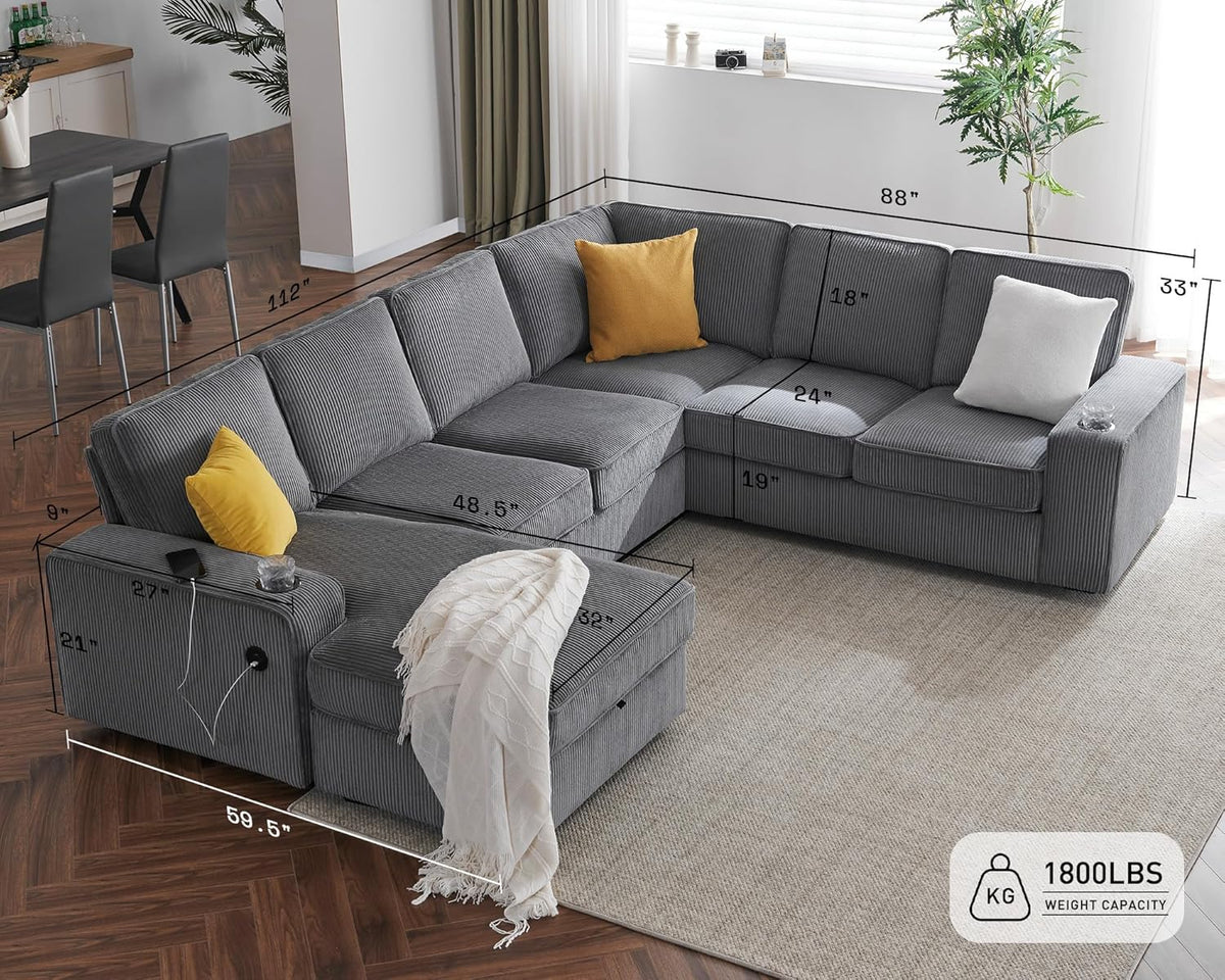 112" Sectional Couch, U Shaped Couch with Storage, Couches for Living Room | Storage Chaise, Cup Holders, USB & Type-C Charging Ports, L Shaped Sofa for Living Room & Guest Bedroom, Corduroy Grey