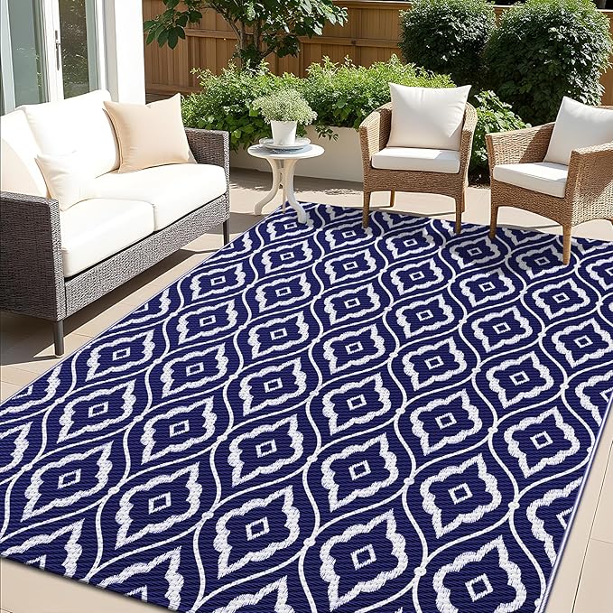 OLANLY Outdoor Rug 6x9 ft Waterproof, Outdoor Plastic Straw Rug with Geometric Pattern Clearance, Reversible RV Mat for Patio, Camping, Balcony, Deck, Backyard, Navy & White
