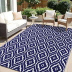 OLANLY Outdoor Rug 6x9 ft Waterproof, Outdoor Plastic Straw Rug with Geometric Pattern Clearance, Reversible RV Mat for Patio, Camping, Balcony, Deck, Backyard, Navy & White