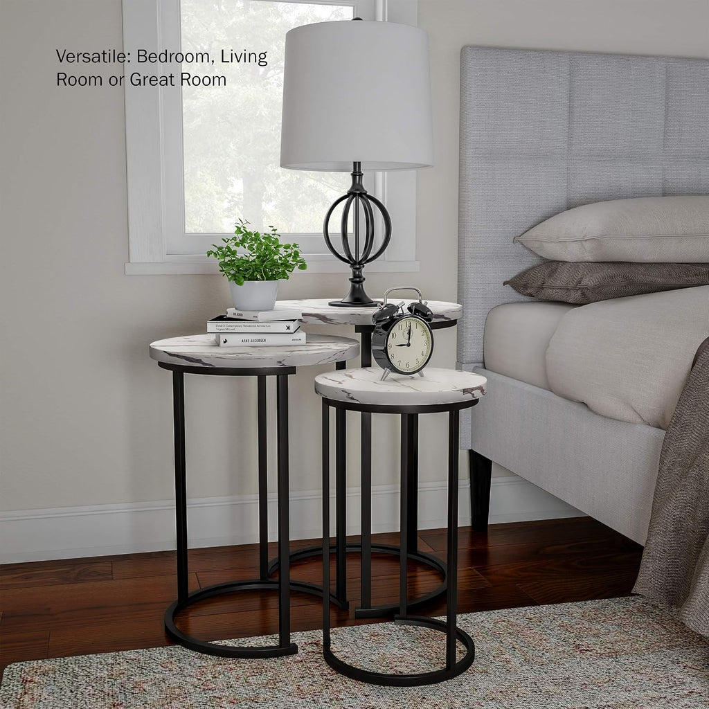 Lavish Home Round Nesting Tables Set of 3, Faux Marble Tabletop, White | 25”H / 22.5”H / 20.25”H Modern Side Tables, Space Saving Accent Table Set, for Living Room, Bedroom, Dorm or Home Office
